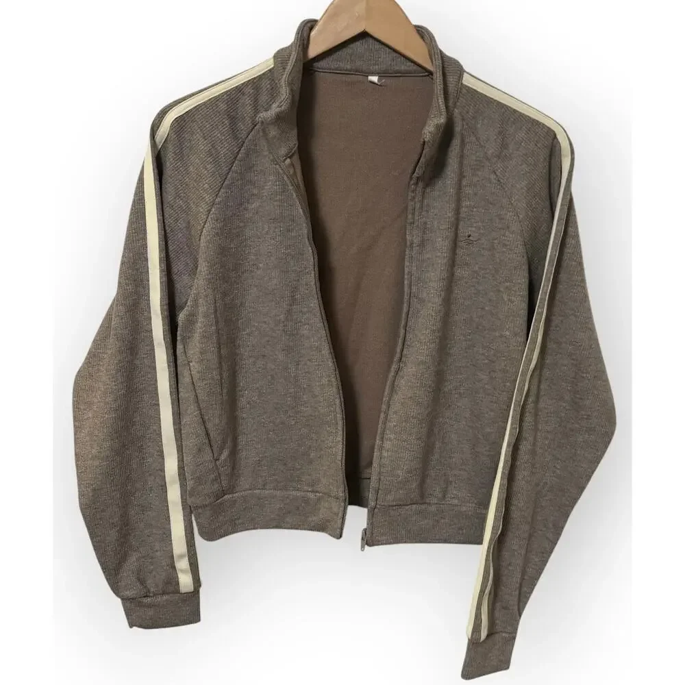 Halara Ribbed Stand Collar Zip Track Jacket Brown Stripe Medium